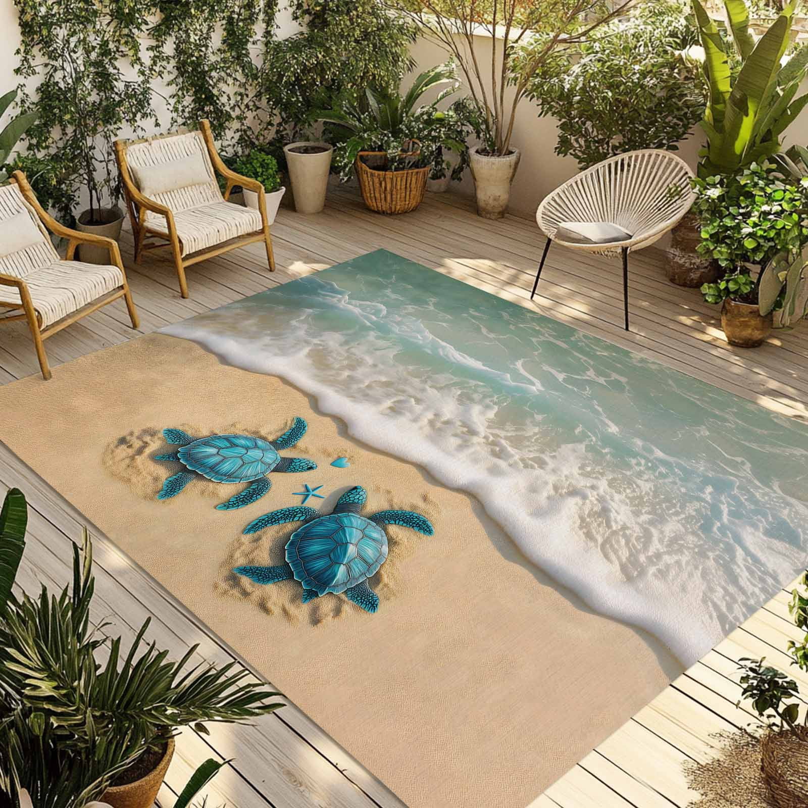 Fsddascl Coastal Turtle Outdoor Rug for Patio/Deck/Porch, Non-Slip Large Area Rug 4 x 6 Ft, Summer Beach Nautical Ocean Waves Indoor Outdoor Rugs Washable Area Rugs, Reversible Camping Rug Carpet