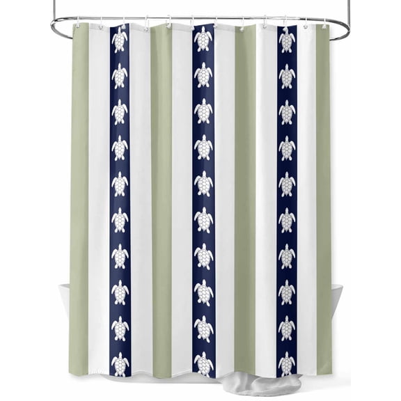 Fsddascl Coastal Turtle Shower Curtain Set - Small 36" x 72" Washable Bathtub Curtain with 12 Hooks, Sage Green Stripe Navy White Ocean Waterproof Fabric Stall Shower Curtains for Bathroom/Bathtub