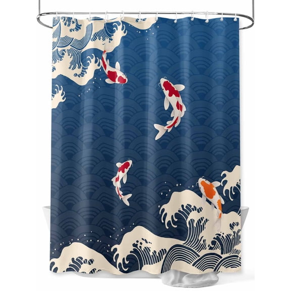 Fsddascl Coastal Wave Shower Curtain Set - Standard 72" x 72" Washable Bathtub Curtain with 12 Hooks, Japanese Style Ocean Fish Blue Waterproof Fabric Stall Shower Curtains for Bathroom/Bathtub