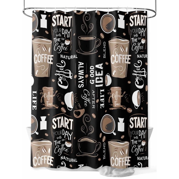 Fsddascl Coffee Black Shower Curtain Set - Long 72" x 84" Washable Bathtub Curtain with 12 Hooks, Brown Beans Cup Dessert Drink Monochrome Waterproof Fabric Stall Shower Curtains for Bathroom/Bathtub