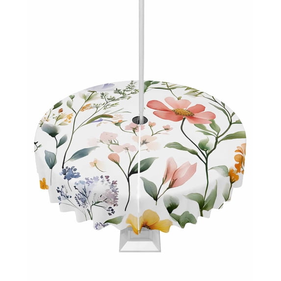 Fsddascl Colored Flower Outdoor Tablecloth - 60 Inch Round Dining Table Cover, Green Leaf Aesthetics Pastel Spring Plant Waterproof Outdoor Table Cloth with Umbrella Hole & Zipper for Picnic/Patio