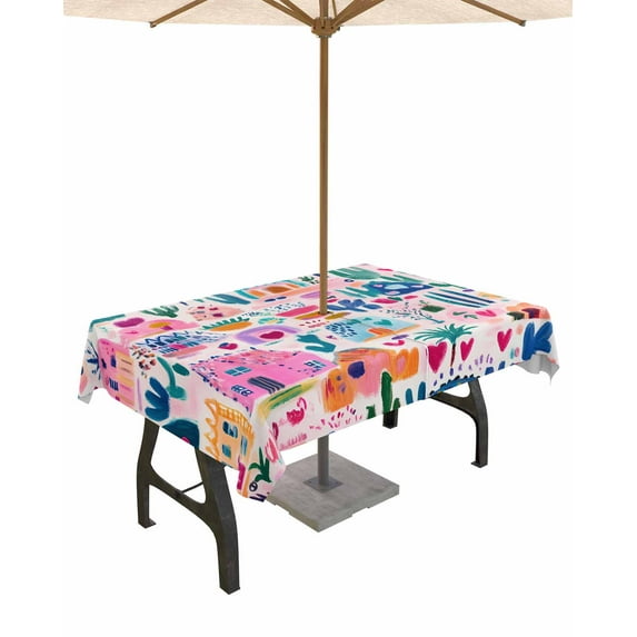 Fsddascl Colorful Abstract Outdoor Tablecloth - 60x84 Inch Rectangle Dining Table Cover, Oil Painted Modern Contemporary Waterproof Outdoor Table Cloth with Umbrella Hole & Zipper for Picnic/Patio