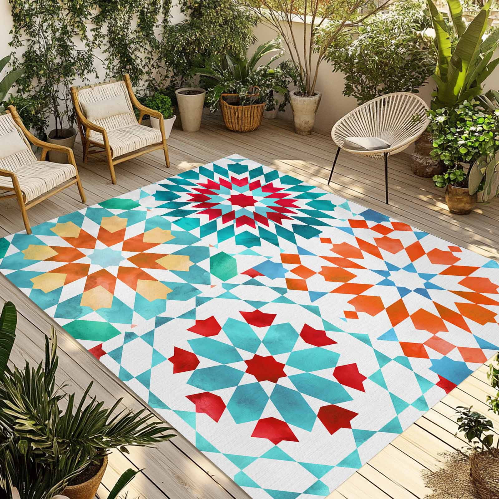 Fsddascl Colorful Boho Geometric Outdoor Rug for Patio/Deck/Porch, Non ...