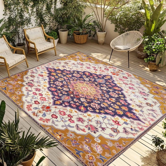 Fsddascl Colorful Boho Outdoor Rug for Patio/Deck/Porch, Non-Slip Large Area Rug 4 x 6 Ft, Southwest Aztec Abstract Geometric Art Indoor Outdoor Rugs Washable Area Rugs, Camping Rug Carpet