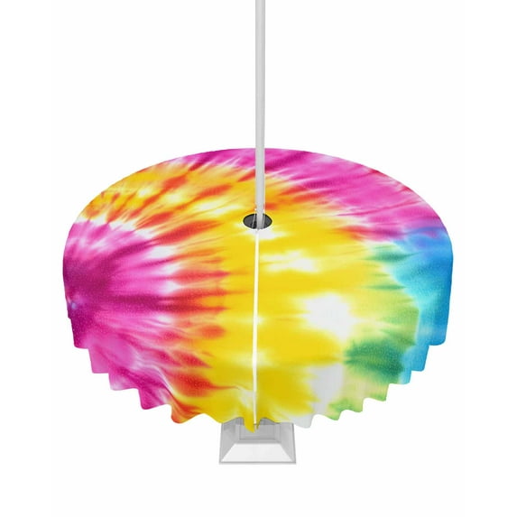 Fsddascl Colorful Boho Outdoor Tablecloth - 60 Inch Round Dining Table Cover, Pink Yellow Blue Green Tie Dye Abstract Art Waterproof Outdoor Table Cloth with Umbrella Hole & Zipper for Picnic/Patio