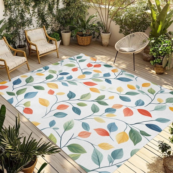 Fsddascl Colorful Botanical Outdoor Rug for Patio/Deck/Porch, Non-Slip Large Area Rug 5 x 8 Ft, Watercolor Country Summer Leaves Indoor Outdoor Rugs Washable Area Rugs, Reversible Camping Rug Carpet