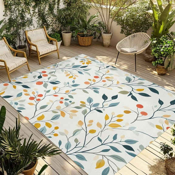Fsddascl Colorful Botanical Spring Outdoor Rug for Patio/Deck/Porch, Non-Slip Large Area Rug 4 x 6 Ft, Farmhouse Summer Leaves Indoor Outdoor Rugs Washable Area Rugs, Reversible Camping Rug Carpet