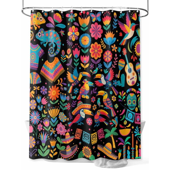 Fsddascl Colorful Cartoon Shower Curtain Set - Small 36" x 72" Washable Bathtub Curtain with 12 Hooks, Funny Flowers Guitar Animals Ethnic Art Waterproof Fabric Stall Shower Curtains for Bathroom