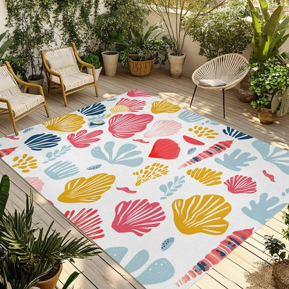 Fsddascl Colorful Coastal Shells Outdoor Rug for Patio/Deck/Porch, Non-Slip Large Area Rug 4 x 6 Ft, Watercolor Summer Ocean Life Indoor Outdoor Rugs Washable Area Rugs, Camping Rug Carpet