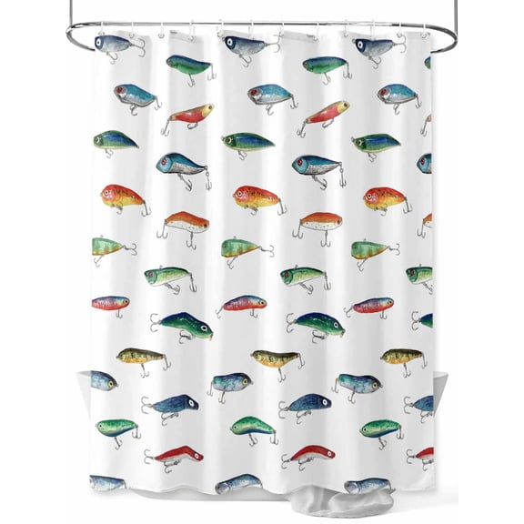 Fsddascl Colorful Fish Shower Curtain Set - Small 36" x 72" Washable Bathtub Curtain with 12 Hooks, Watercolor Cartoon Fishing Waterproof Fabric Stall Shower Curtains for Bathroom/Bathtub Décor