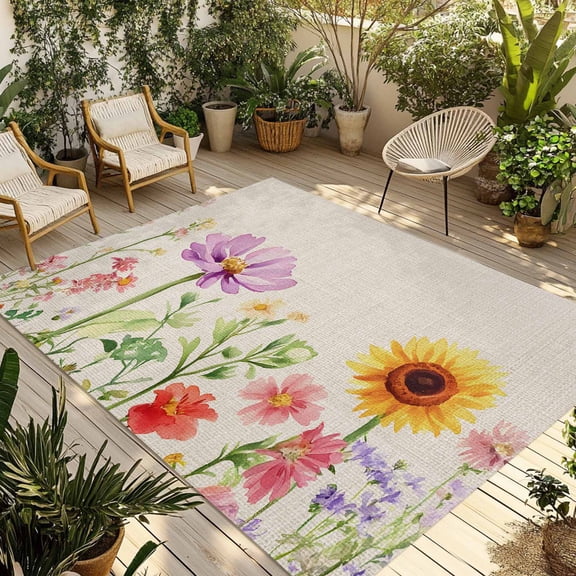 Fsddascl Colorful Floral Outdoor Rug for Patio/Deck/Porch, Non-Slip Large Area Rug 5 x 8 Ft, Farmhouse Sunflower Spring Pastoral Indoor Outdoor Rugs Washable Area Rugs, Reversible Camping Rug Carpet