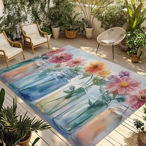 Fsddascl Colorful Flowers Outdoor Rug for Patio/Deck/Porch, Non-Slip Large Area Rug 4 x 6 Ft, Farmhouse Watercolor Spring Floral Indoor Outdoor Rugs Washable Area Rugs, Reversible Camping Rug Carpet