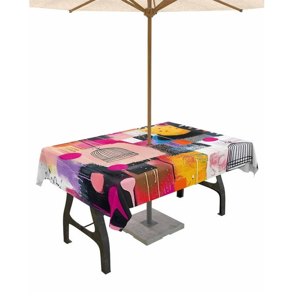 Fsddascl Colorful Oil Painted Outdoor Tablecloth - 52x70 Inch Rectangle Dining Table Cover, Modern Abstract Geometric Waterproof Outdoor Table Cloth with Umbrella Hole & Zipper for Picnic/Patio