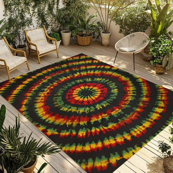 Fsddascl Colorful Ombre Boho Outdoor Rug for Patio/Deck/Porch, Non-Slip Large Area Rug 4 x 6 Ft, Retro Red Green Yellow Gradient Art Indoor Outdoor Rugs Washable Area Rugs, Camping Rug Carpet