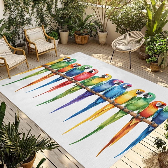 Fsddascl Colorful Parrot Outdoor Rug for Patio/Deck/Porch, Non-Slip Large Area Rug 5 x 8 Ft, Watercolor Modern Funny Animal Bird Indoor Outdoor Rugs Washable Area Rugs, Reversible Camping Rug Carpet