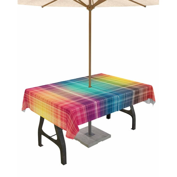 Fsddascl Colorful Plaid Outdoor Tablecloth - 60x120 Inch Rectangle Dining Table Cover, Modern Chic Rainbow Gradient Striped Waterproof Outdoor Table Cloth with Umbrella Hole & Zipper for Patio