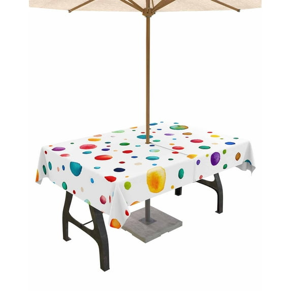 Fsddascl Colorful Polka Dot Outdoor Tablecloth - 54x80 Inch Rectangle Dining Table Cover, Rainbow Color Polka Dots Abstract Art Waterproof Outdoor Table Cloth with Umbrella Hole & Zipper for Patio