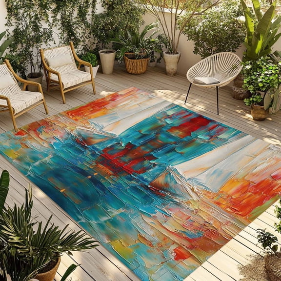 Fsddascl Colorful Ship Outdoor Rug for Patio/Deck/Porch, Non-Slip Large Area Rug 5 x 8 Ft, Modern Abstract Art Ombre Oil Painting Indoor Outdoor Rugs Washable Area Rugs, Camping Rug Carpet