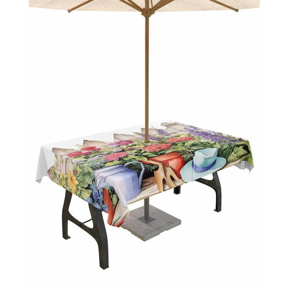 Fsddascl Colorful Spring Floral Outdoor Tablecloth - 52x70 Inch Rectangle Dining Table Cover, Summer Flowers Botanical Waterproof Outdoor Table Cloth with Umbrella Hole & Zipper for Picnic/Patio