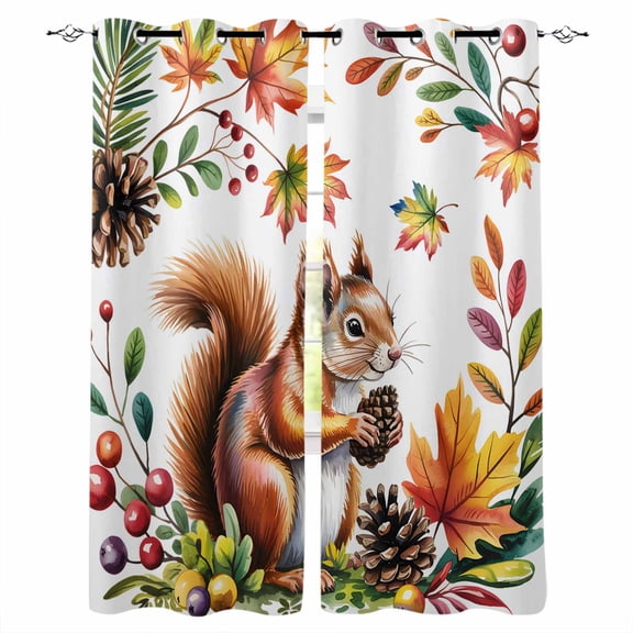 Fsddascl Colorful Squirrel Blackout Curtains for Bedroom/Living Room, Thermal Insulated Kitchen Curtains, Botanical Berry Pine Cones Grommet Darkening Window Treatment Drapes 27.5"x39"x2