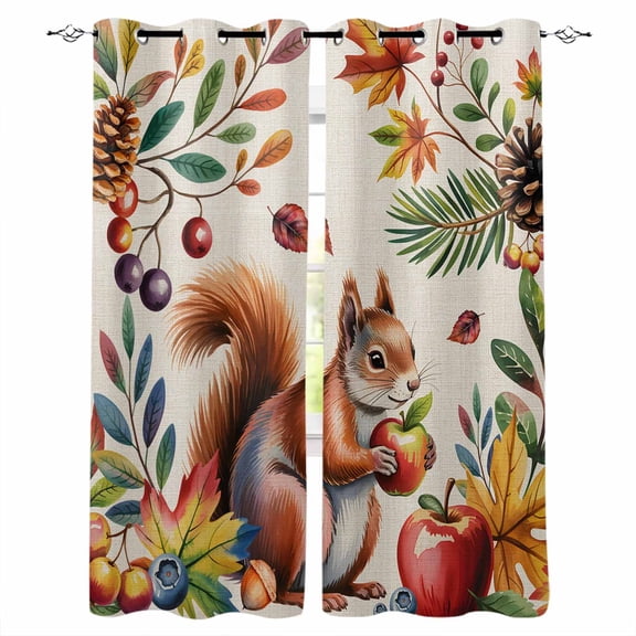 Fsddascl Colorful Squirrel Blackout Curtains for Bedroom/Living Room, Thermal Insulated Kitchen Curtains, Watercolor Botanical Berry Pine Cones Rustic Grommet Darkening Window Treatment 27.5"x39"x2