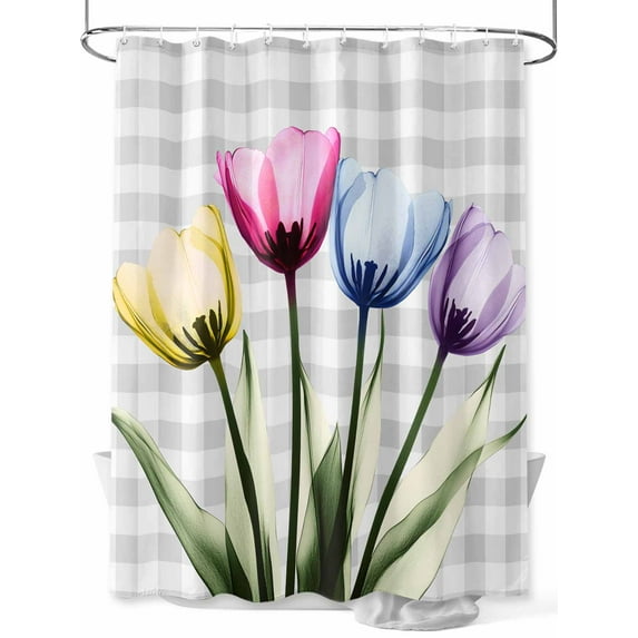 Fsddascl Colorful Tulip Shower Curtain Set - 54" x 78" Washable Bathtub Curtain with 12 Hooks, Farmhouse Elegant Flowers Gray Check Waterproof Fabric Stall Shower Curtains for Bathroom/Bathtub