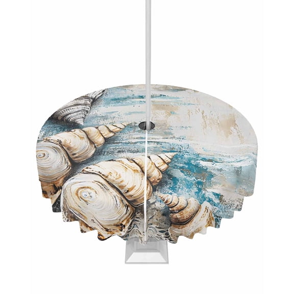 Fsddascl Conch Coastal Outdoor Tablecloth - 54 Inch Round Dining Table Cover, Summer Beach Nautical Seaside Blue Waterproof Outdoor Table Cloth with Umbrella Hole & Zipper for Picnic/Patio/Party