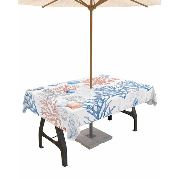 Fsddascl Coral Red Blue Grey Outdoor Tablecloth - 60x102 Inch Rectangle Dining Table Cover, Summer Ocean Coastal Shells Waterproof Outdoor Table Cloth with Umbrella Hole & Zipper for Picnic/Patio