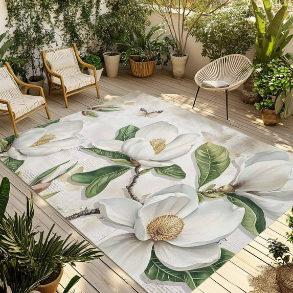 Fsddascl Country Flowers Outdoor Rug for Patio/Deck/Porch, Non-Slip Large Area Rug 5 x 8 Ft, Botanical White Floral Leaves Butterfly Indoor Outdoor Rugs Washable Area Rugs, Camping Rug Carpet