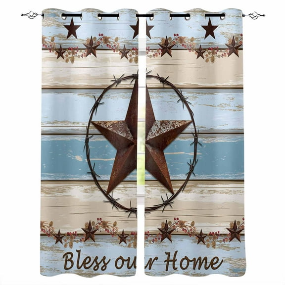 Fsddascl Country Star Blue Blackout Curtains for Bedroom/Living Room, Thermal Insulated Kitchen Curtains, Farmhouse Western Texas Star Barn Grommet Darkening Window Treatment Drapes 42"x63"x2