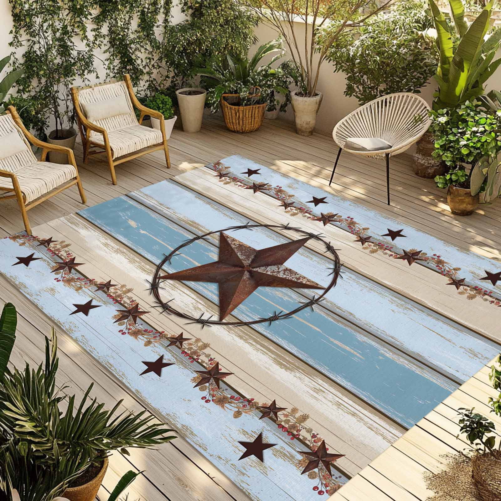 Oes Rug Fsddascl Country Star Blue Outdoor Rug for Patio/Deck/Porch, Non-Slip ...