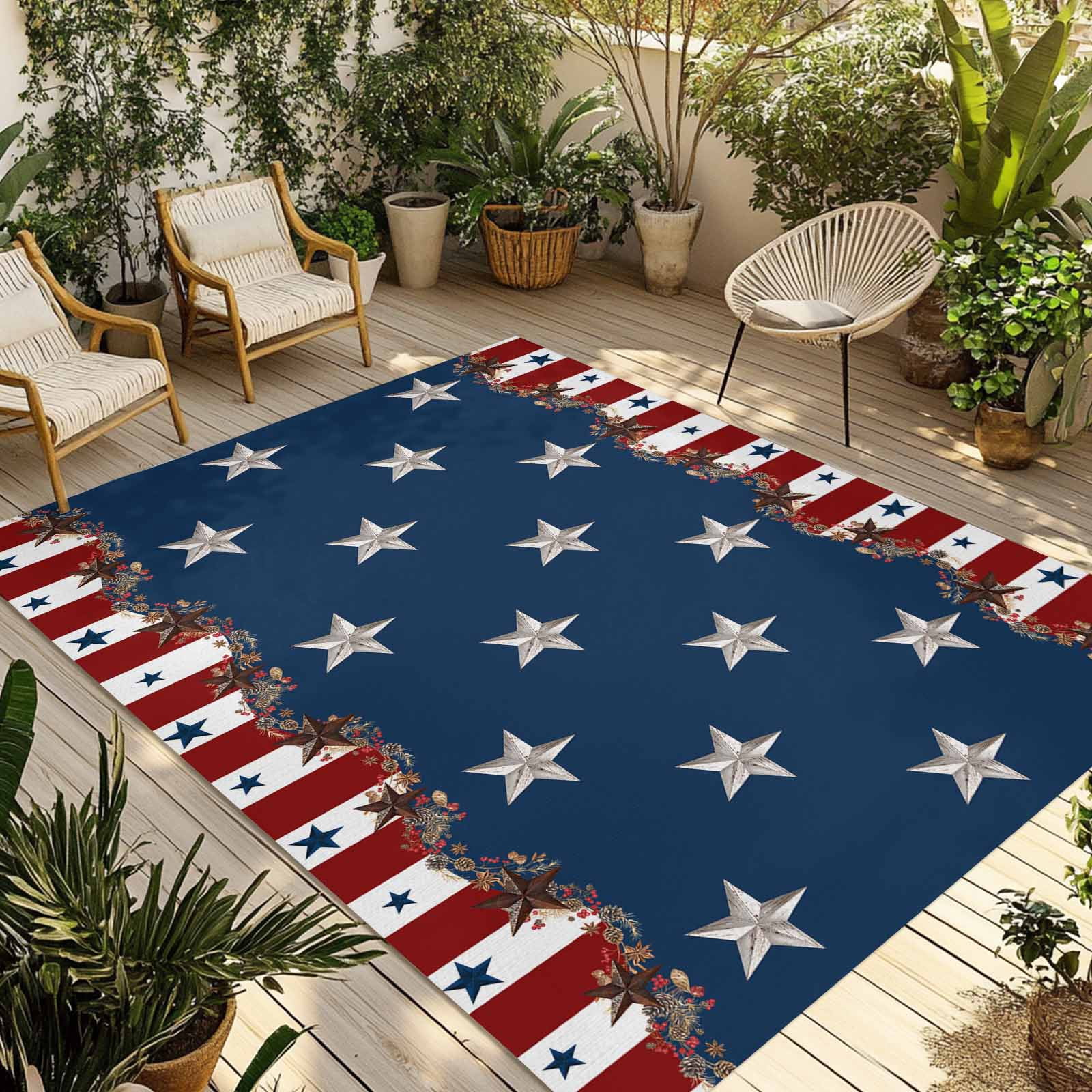 Fsddascl Country Star Farm Outdoor Rug for Patio/Deck/Porch, Non-Slip Large Area Rug 4 x 6 Ft, Red Blue Patriots Stripe American Flag Indoor Outdoor Rugs Washable Area Rugs, Camping Rug Carpet