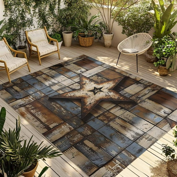 Fsddascl Country Star Retro Outdoor Rug for Patio/Deck/Porch, Non-Slip Large Area Rug 4 x 6 Ft, Farmhouse Brown Blue Wooden Grain Indoor Outdoor Rugs Washable Area Rugs, Camping Rug Carpet