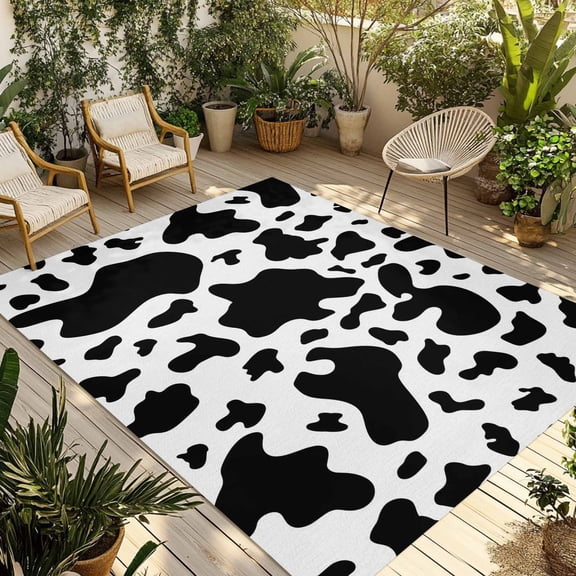 Fsddascl Cow Print Outdoor Rug for Patio/Deck/Porch, Non-Slip Large Area Rug 6 x 9 Ft, Modern Black White Farm Animal Patterned Indoor Outdoor Rugs Washable Area Rugs, Camping Rug Carpet Runner