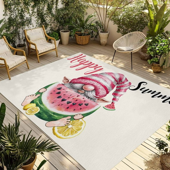 Fsddascl Cute Gnomes Outdoor Rug for Patio/Deck/Porch, Non-Slip Large Area Rug 5 x 8 Ft, Red Watermelon Summer Country Rustic Retro Indoor Outdoor Rugs Washable Area Rugs, Camping Rug Carpet
