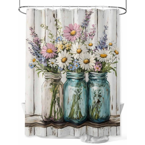 Fsddascl Daisies Flowers Shower Curtain Set - Standard 72" x 72" Washable Bathtub Curtain with 12 Hooks, Spring Watercolor Floral Woodgrain Waterproof Fabric Stall Shower Curtains for Bathroom