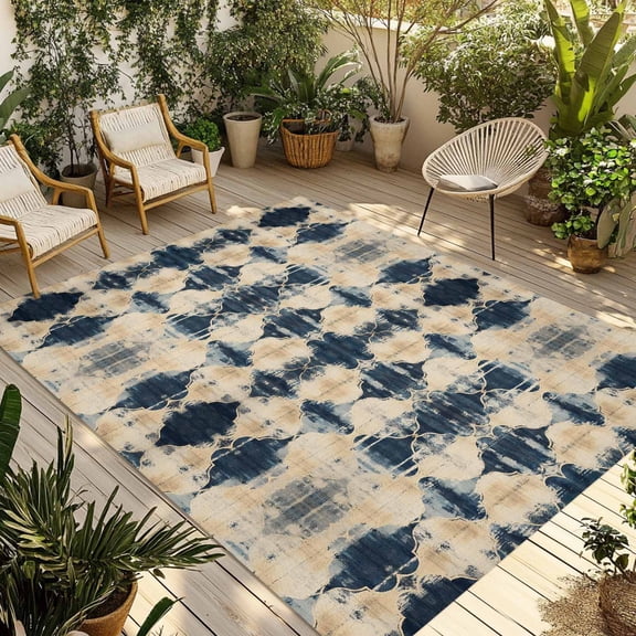 Fsddascl Dark Blue Boho Outdoor Rug for Patio/Deck/Porch, Non-Slip Large Area Rug 5 x 8 Ft, Vintage Shabby Chic Abstract Motifs Indoor Outdoor Rugs Washable Area Rugs, Reversible Camping Rug Carpet
