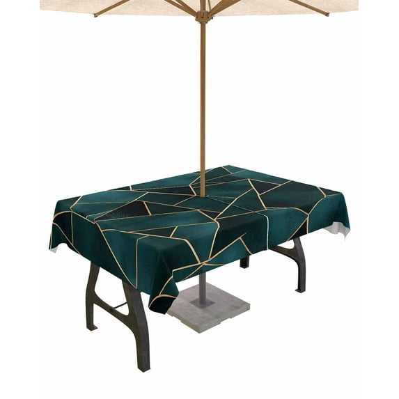 Fsddascl Dark Green Geometric Outdoor Tablecloth - 52x70 Inch Rectangle Dining Table Cover, Modern Abstract Art Waterproof Outdoor Table Cloth with Umbrella Hole & Zipper for Picnic/Patio/Party