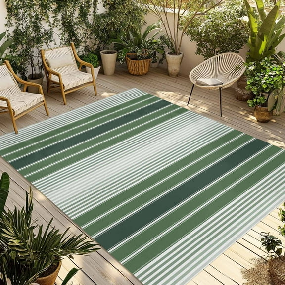 Fsddascl Dark Green Ombre Stripe Outdoor Rug for Patio/Deck/Porch, Non-Slip Large Area Rug 6 x 9 Ft, Farmhouse Simple Striped Indoor Outdoor Rugs Washable Area Rugs, Reversible Camping Rug Carpet