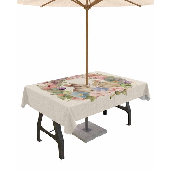 Fsddascl Easter Bunny Outdoor Tablecloth - 52x70 Inch Rectangle Dining Table Cover, Spring Floral Eggs Wreath Rustic Waterproof Outdoor Table Cloth with Umbrella Hole & Zipper for Picnic/Patio/Party