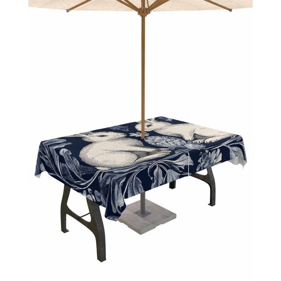 Fsddascl Elegant Bunny Easter Outdoor Tablecloth - 52x70 Inch Rectangle Dining Table Cover, Pastoral Spring Floral Waterproof Outdoor Table Cloth with Umbrella Hole & Zipper for Picnic/Patio/Party