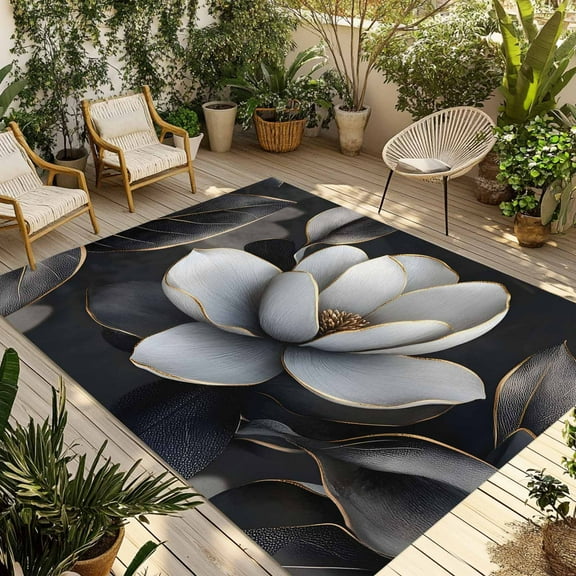 Fsddascl Elegant Flowers Outdoor Rug for Patio/Deck/Porch, Non-Slip Large Area Rug 4 x 6 Ft, Spring Botanical Blossom Floral Black Indoor Outdoor Rugs Washable Area Rugs, Camping Rug Carpet