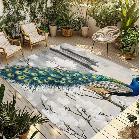 Fsddascl Elegant Peacock Outdoor Rug for Patio/Deck/Porch, Non-Slip Large Area Rug 4 x 6 Ft, Watercolor Feather Attic Retro Indoor Outdoor Rugs Washable Area Rugs, Reversible Camping Rug Carpet