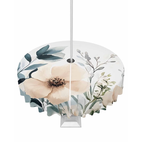 Fsddascl Elegant Spring Floral Outdoor Tablecloth - 54 Inch Round Dining Table Cover, Pastoral Flower Watercolor Waterproof Outdoor Table Cloth with Umbrella Hole & Zipper for Picnic/Patio/Party