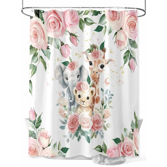 Fsddascl Elephant Giraffe Lion Shower Curtain Set - 48" x 72" Washable Bathtub Curtain with 12 Hooks, Botanical Flowers Leaves Animals Waterproof Fabric Stall Shower Curtains for Bathroom/Bathtub