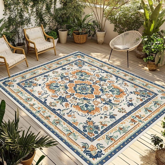 Fsddascl Ethnic Rustic Outdoor Rug for Patio/Deck/Porch, Non-Slip Large Area Rug 5 x 8 Ft, Boho Southwestern Heritage Orange Blue Indoor Outdoor Rugs Washable Area Rugs, Camping Rug Carpet