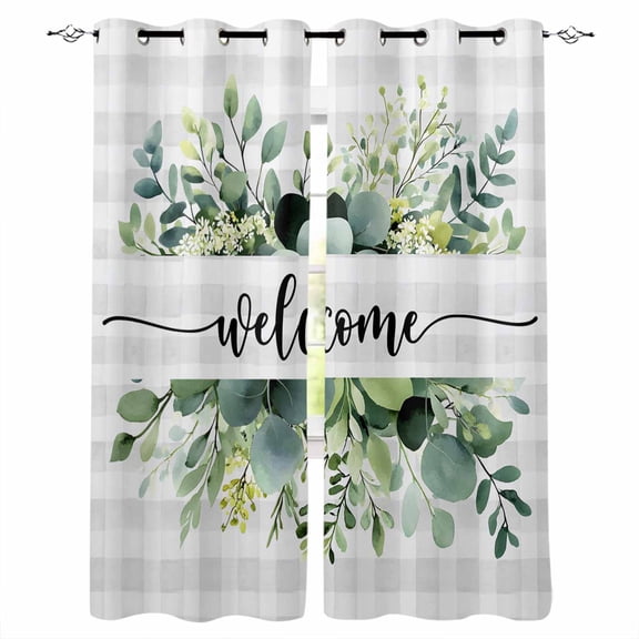 Fsddascl Eucalyptus Blackout Curtains for Bedroom/Living Room, Thermal Insulated Kitchen Curtains, Sage Green Botanical Flower Plaid Check Grommet Darkening Window Treatment Drapes 52"x63"x2