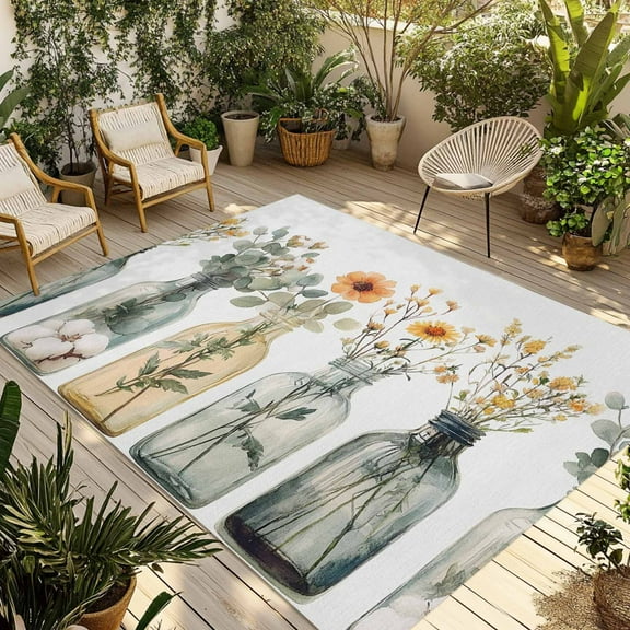 Fsddascl Eucalyptus Flower Outdoor Rug for Patio/Deck/Porch, Non-Slip Large Area Rug 5 x 8 Ft, Orange Floral Sage Green Leaf Daisy Indoor Outdoor Rugs Washable Area Rugs, Camping Rug Carpet