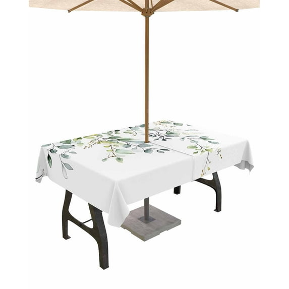 Fsddascl Eucalyptus Leaf Outdoor Tablecloth - 60x102 Inch Rectangle Dining Table Cover, Weeping Botanical Summer Flowers Waterproof Outdoor Table Cloth with Umbrella Hole & Zipper for Picnic/Patio