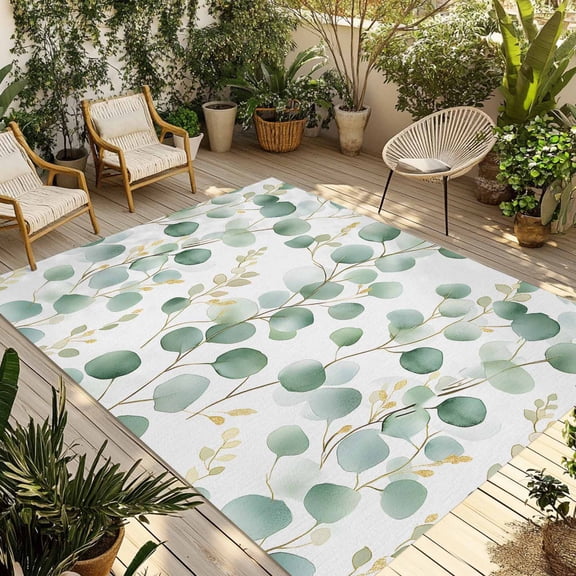 Fsddascl Eucalyptus Leaves Outdoor Rug for Patio/Deck/Porch, Non-Slip Large Area Rug 4 x 6 Ft, Green Gold Spring Botanical Branch Indoor Outdoor Rugs Washable Area Rugs, Camping Rug Carpet